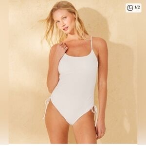 Shade And Shore White Ribbed Adjustable Drawstings One Piece Swimsuit Size XS